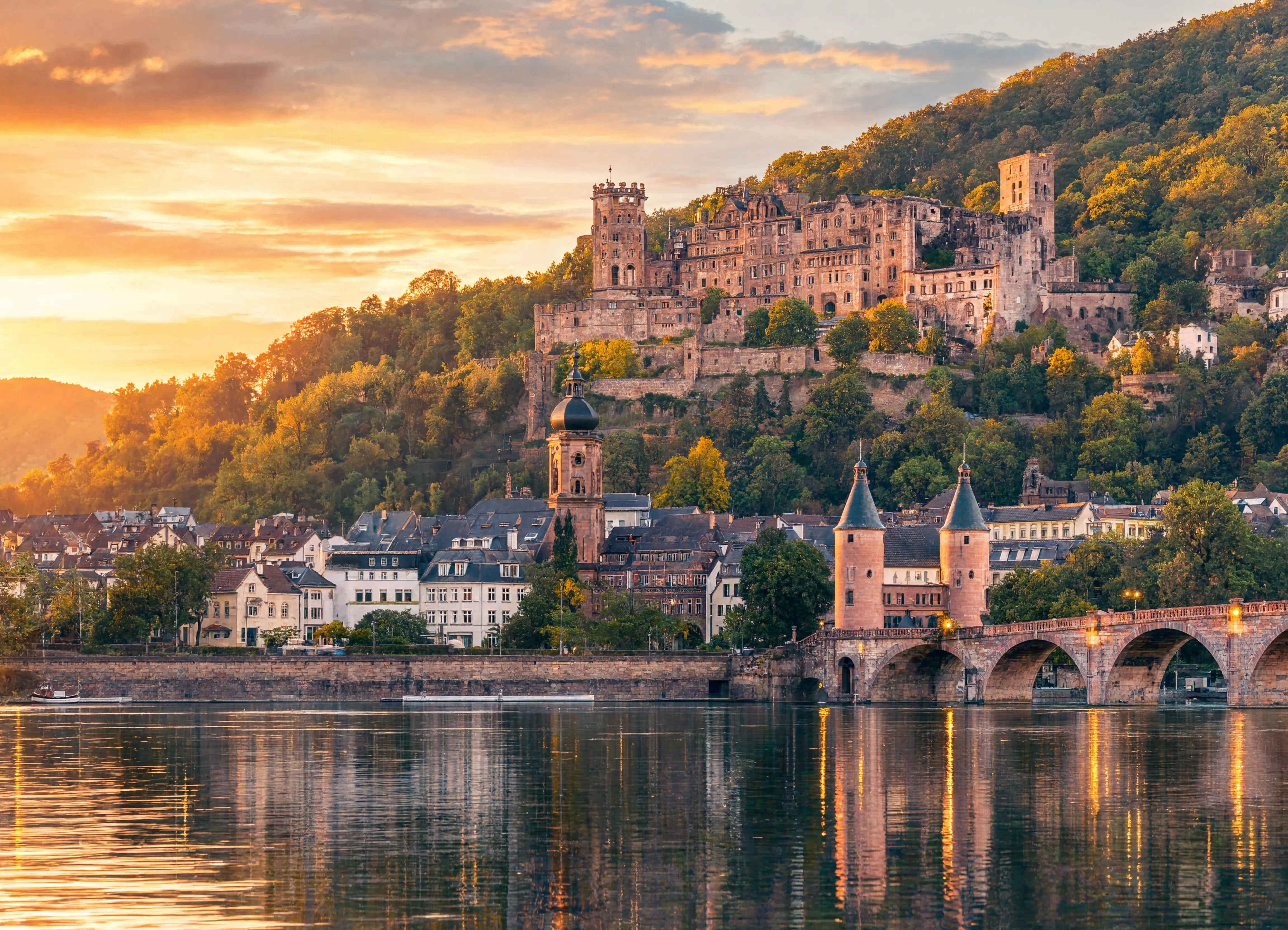 Heidelberg mit dem Schloss über der Altstadt und dem Neckar im goldenen Herbstlicht