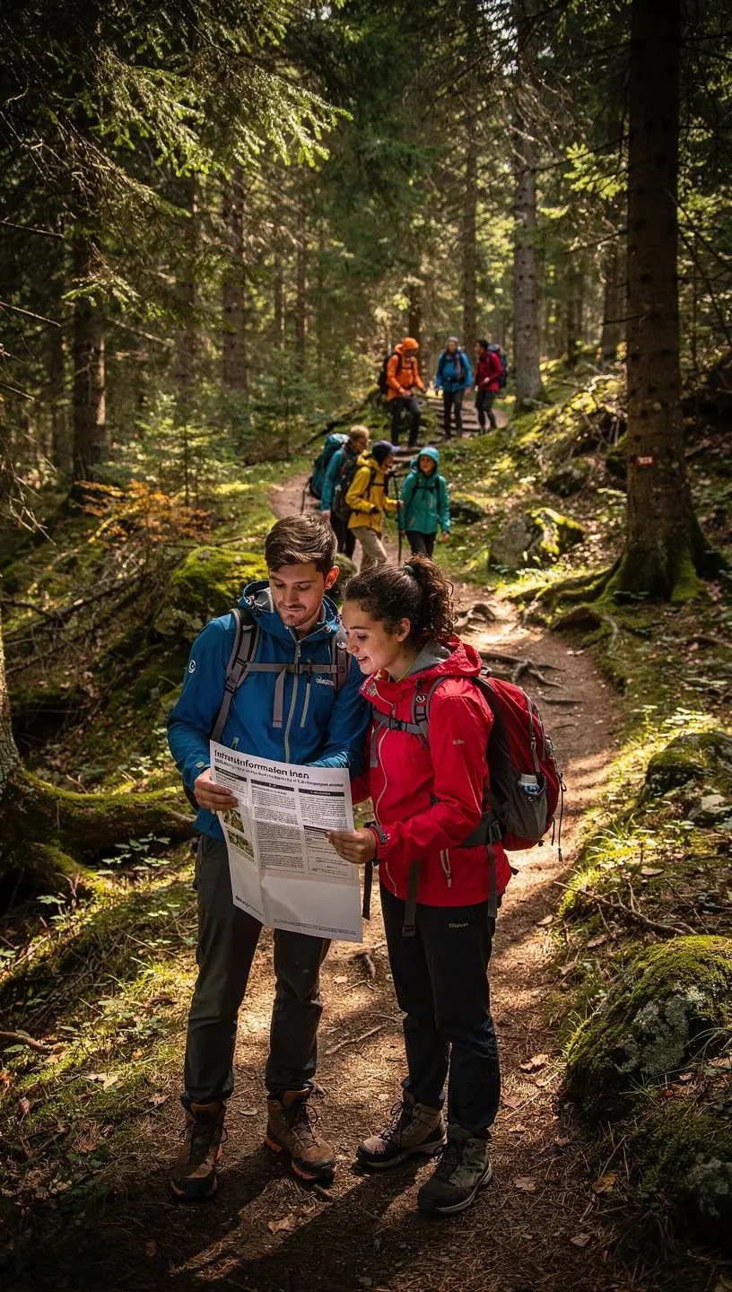 Wanderer mit Rucksack, die auf einem gut ausgeschilderten Pfad durch eine hügelige Landschaft in Deutschland spazieren.